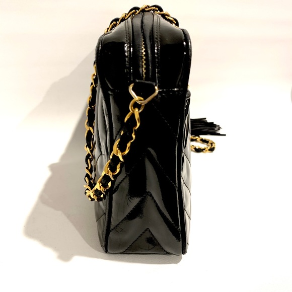 Chanel Chevron Quilted Black Patent Leather Camera Bag w/ Gold Tone Accessories - Picture 4 of 11